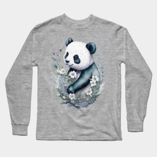 Panda bear around Flowers: Scattered Watercolor in Pastel Colors. Long Sleeve T-Shirt
